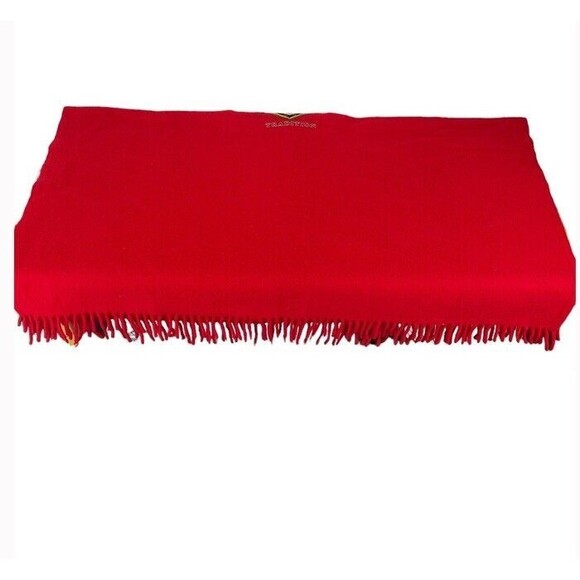 FARIBO Wool Large Red Fringe Picnic Blanket Throw Bass Brushed Felt Logo Vintage - Picture 3 of 8